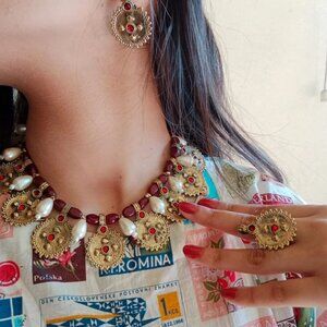 Pearls and Beads Jewelry Set, Handmade Coins Jewelry Set With Glass Stones,